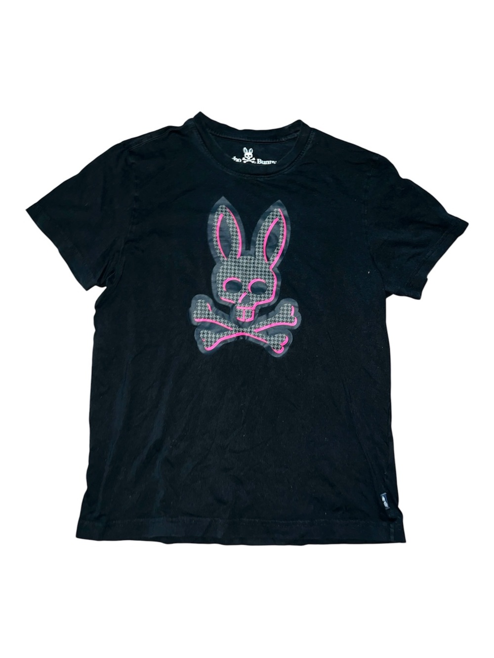 Psycho Bunny Black Tee with Pink-Outlined Bunny Skull Size 4